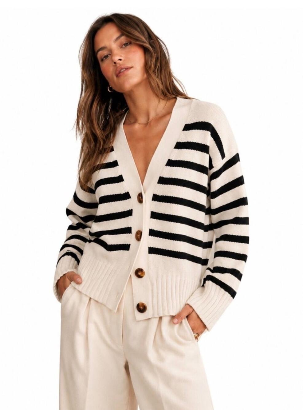Magaschoni Ivory and Black Striped V Neck Button Cardigan Sweater Size Small